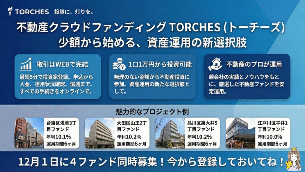 【12/1解禁:優先投資チャンス】TRCHES(トーチーズ)の新ファンド4本一挙公開!年利10%超×初心者向け短期投資に